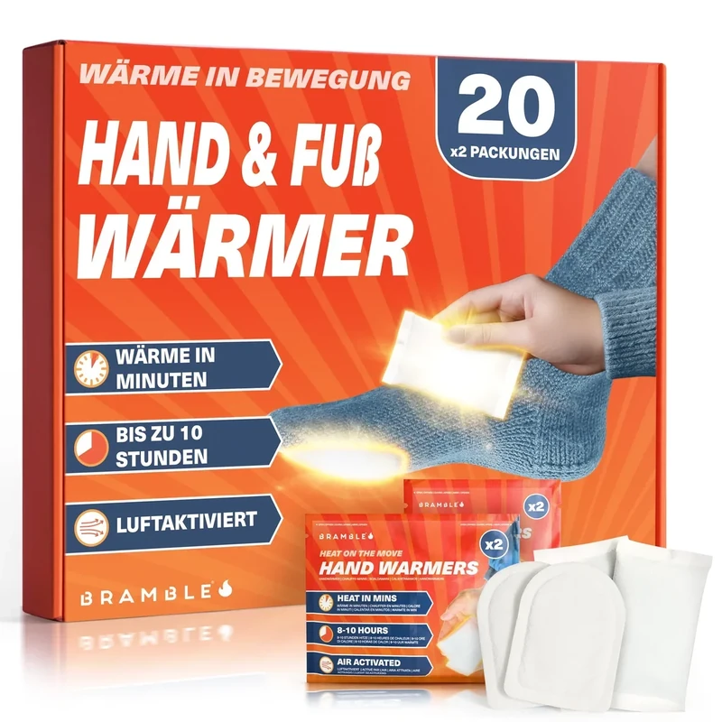 Bramble - Hand und Zehenwärmer Vielfaltspackung (20 Paar, insgesamt 40) – Handwärmer für die Tasche und Selbstklebende Fußwärmer – luftaktiviert und geruchsfrei – bis zu 10 Stunden Wärme