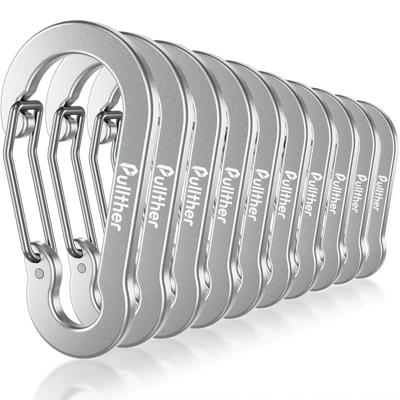 pullther 10 Stück Karabinerhaken, 70mm/2.76'' Karabinerhaken groß, Aluminium D-Ring Karabiner Schlüsselanhänger für Outdoor Sport, Wandern, Camping, Angeln - Silber