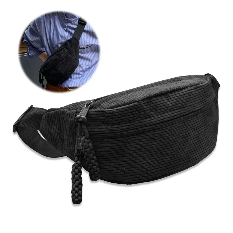 Bauchtasche Cord Umhängetasche Cord Modische Hüfttasche Freizeit Sport Hüfttaschen Crossbody Bag Schwarz mit Schultergurt Einstellbar Unisex für Damen, Herren - Image 1