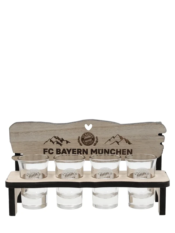 FC Bayern München Schnapsbank 4erISet I Stamperl I Schnapsgläser mit Holzhalterung & Vereinswappen I Spülmaschinengeeignet I Offiziell lizenziert