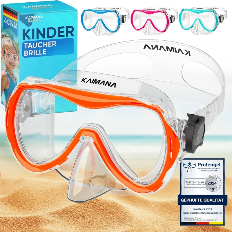 KAIMANA Taucherbrille Kinder inkl. Tragetasche, besonders Bequeme Tauchmaske Kinder mit Silikonband, Orange