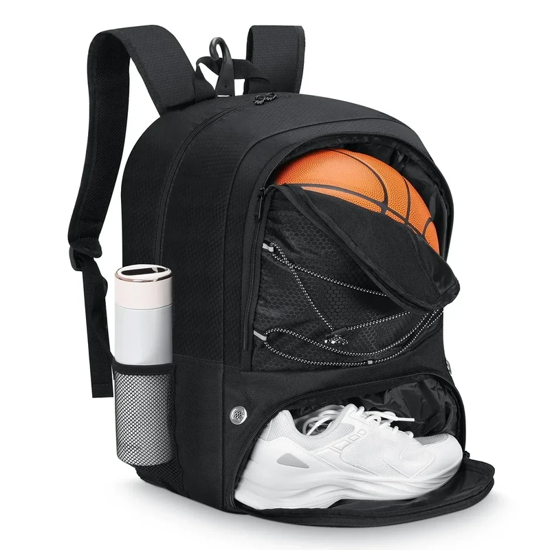 MoKo Basketball Tasche Rucksack, Fußballrucksack für Männer & Frauen mit getrennten Ball- und Schuhfächern, wasserdicht, Zaunhaken, Sporttasche für Kleidung, Schuhe, Tablets, Laptops, Schwarz