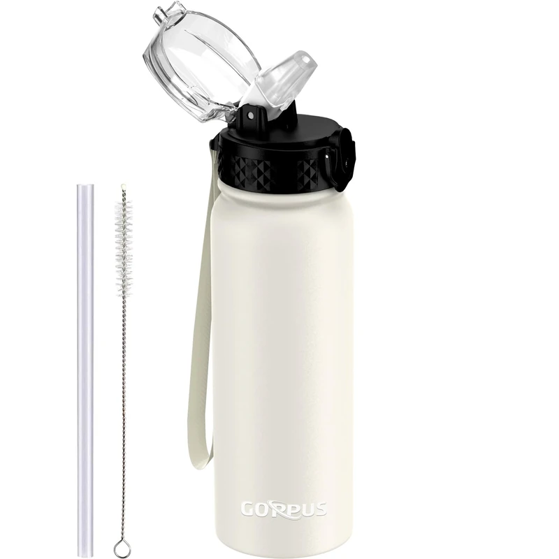 GOPPUS 600ml/20oz Edelstahl Wasserflasche mit Strohhalm Trinkflasche Sport Thermosflasche Auslaufsicher Flasche Water Bottle with Straw Thermoflasche Geeignet BPA-frei Trinkflasche