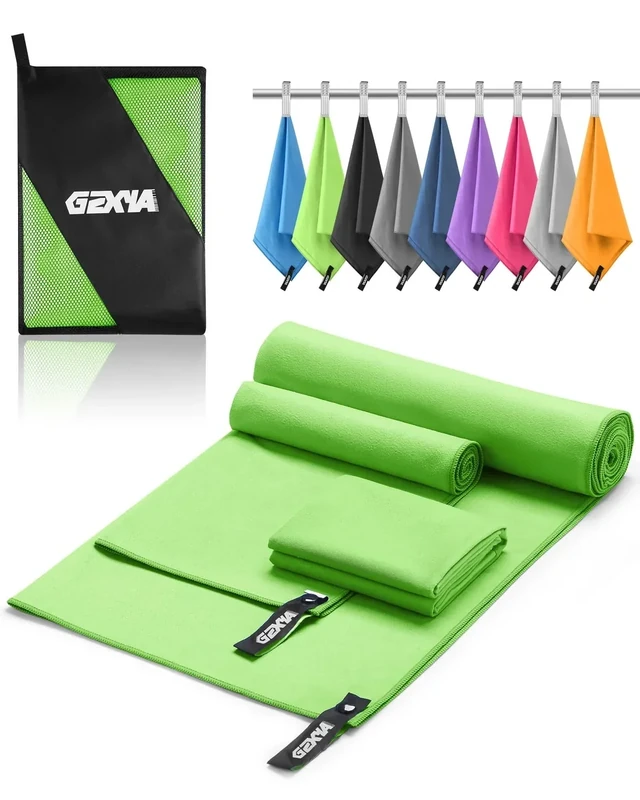 GZXYA Mikrofaser Handtuch 3er-Set (180 x 60 cm großes Badetuch + 2 Stück 80x40 cm kleines Towels), Schnelltrocknendes Microfaser Handtücher für Fitness Handtuch Sport (Green 180 * 60+80 * 40 * 2)