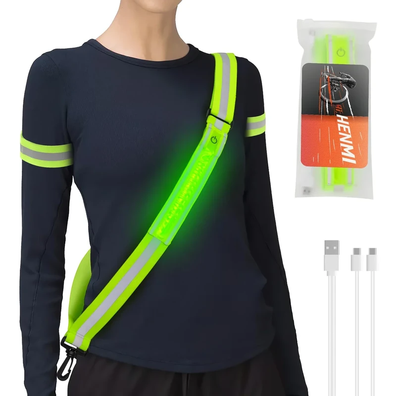 HENMI Lauflicht Joggen mit Reflektoren Gürtel,(mit 2 Stück Reflektorbänder) LED Wiederaufladbare USB Verstellbarer Lauflicht,für Radfahren oder Wandern Joggen Laufen Running Outdoor Sports