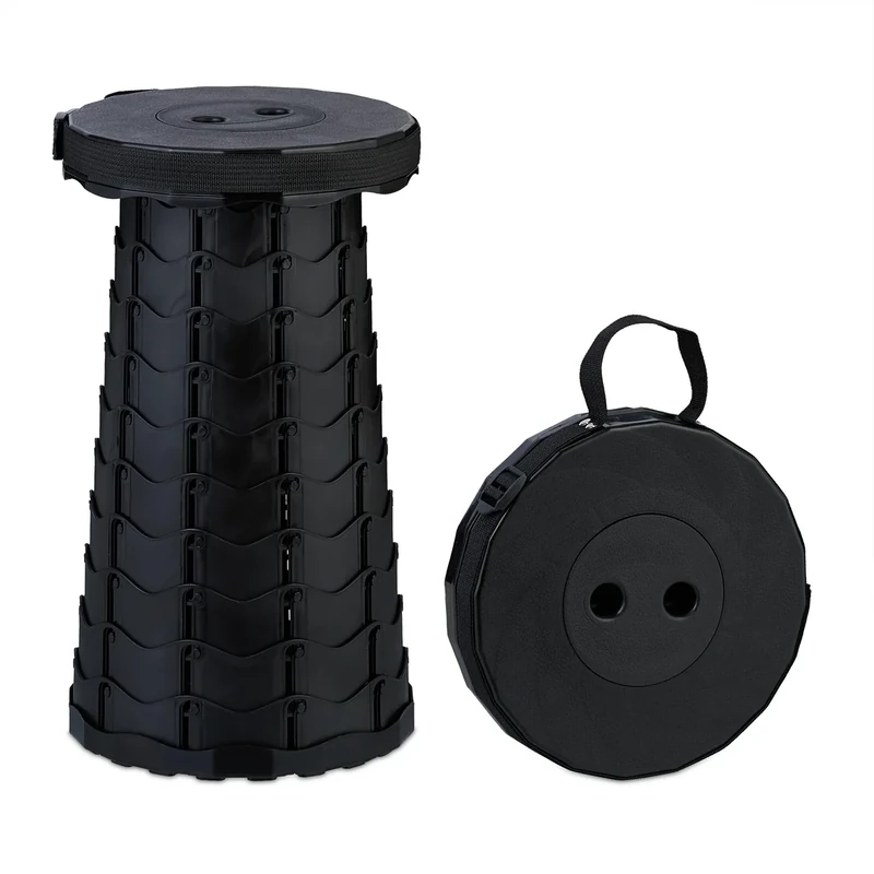 Relaxdays Teleskophocker, faltbar, Tragegurt, Outdoor, höhenverstellbarer Campinghocker, HBT 44,5 x 25 x 25 cm, schwarz