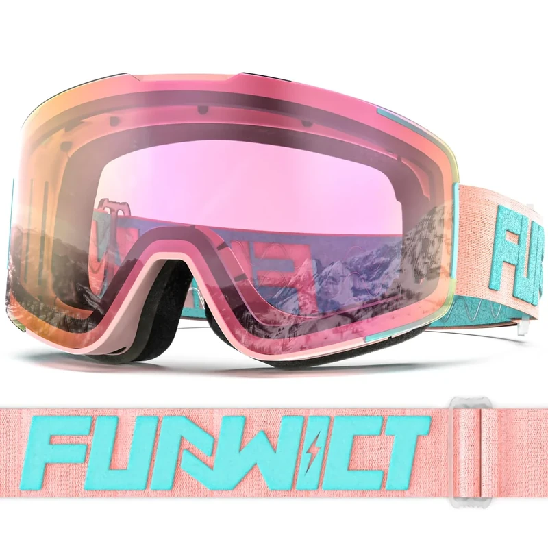 FUNWICT Skibrille für Brillenträger Anti-Beschlag, UV-Schutz, Winddicht Kompatibel mit Skihelm für Skating, Snowboard, Snowmobile (Rosa)