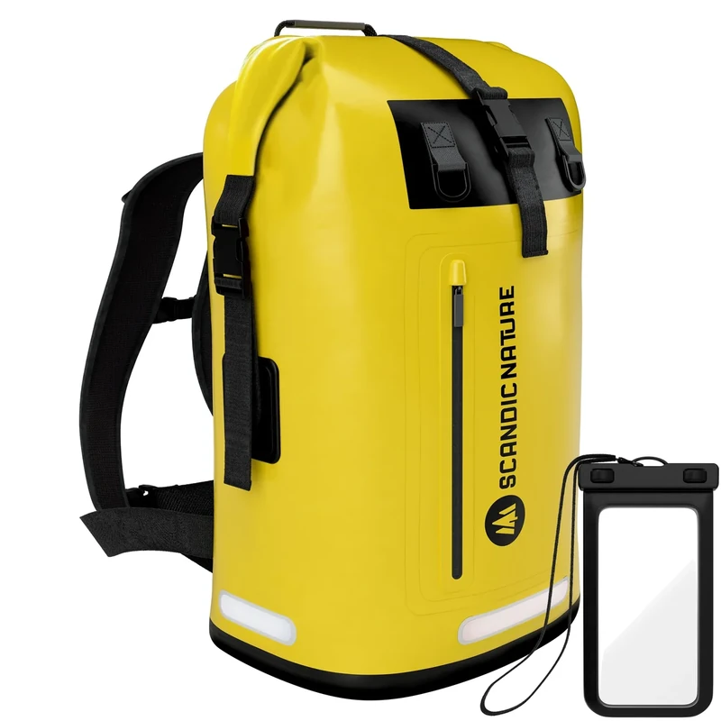 SCANDIC NATURE PIONEER 35L wasserdichter Rucksack gelb mit Rolltop Verschluss - extra robust dank Boden mit 1000D PVC LKW-Plane, 3 Reflektor-Streifen Rollverschluss, wasserfeste IPX8 Handyhülle - Image 1