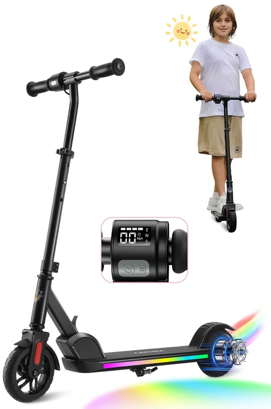 Caroma E Scooter Kinder von 8-12 Jahren,bis zu 16 km/h & 8 km,Elektroroller Kinder mit Bunte Leuchten, LED-Anzeige,Einstellbare Geschwindigkeit und Höhe,Leichter Faltbarer Elektroscooter,Schwarz