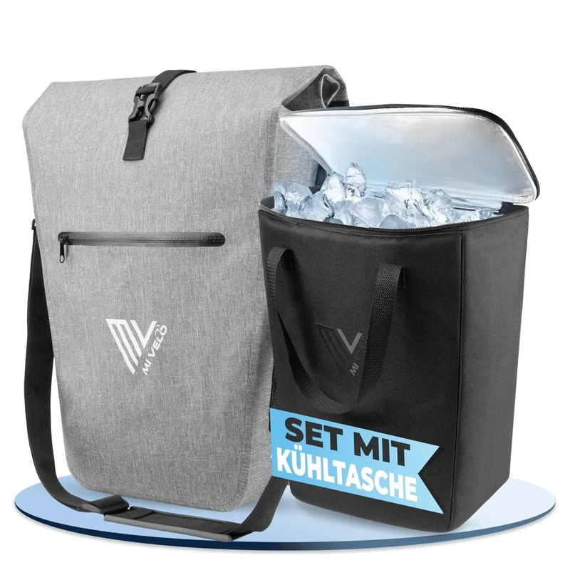 MIVELO 2in1 Fahrradtasche Gepäckträgertasche wasserdicht 100% PVC frei + Laptopfach + Schultergurt – Fahrrad Tasche für Gepäckträger 1 STK (Grau, Mit Kühltasche)