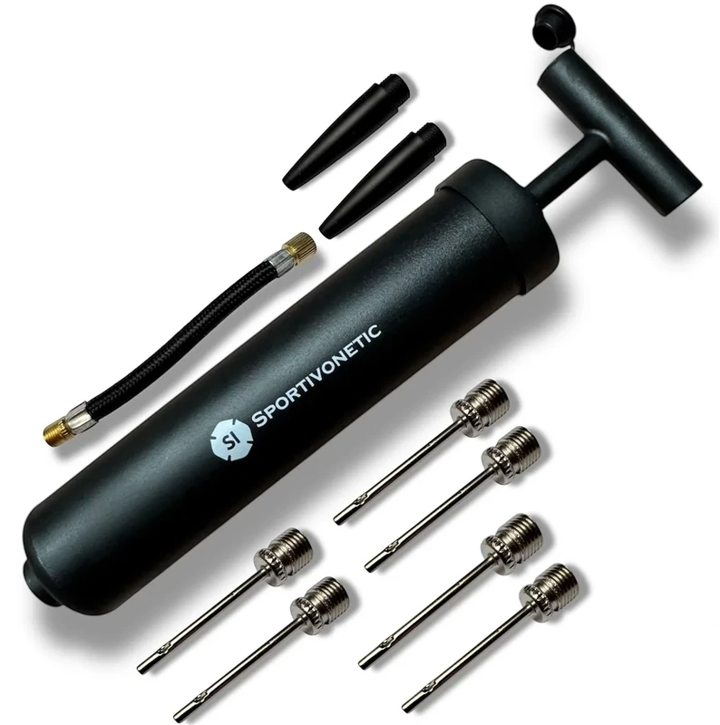 SPORTIVONETIC® Ballpumpe mit 6 Metallnadeln - 2 Kunsstoffnadeln - 1 Schlauch - geeignet für jeden Sportball Fußball, Volleyball, Basketball, Gymnastik Ball, Luftpumpe klein mit Nadel Nadeln schwarz