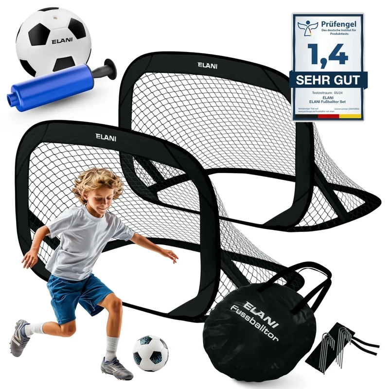 ELANI Fußballtor Kinder Pop-Up 2er Set - faltbar mit Ball & Pumpe, 50% Kleiner + Easy Aufbau, mini Fussballtor klein, Goal, Fussballtore für Garten Kinder, Fußballtore, Fussball Tor, Fußball