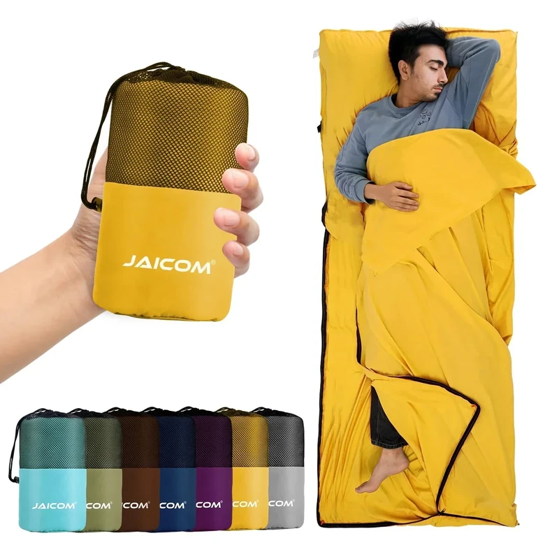 JAICOM Hüttenschlafsack, Ultraleichter Seideschlafsack für Reise, 2in1 Hüttenschlafsack, Bequemer und Weicher Schlafsack kleines Packmaß aus Mikrofaser, Ideal für Rucksackreise, Hotels (Golden)