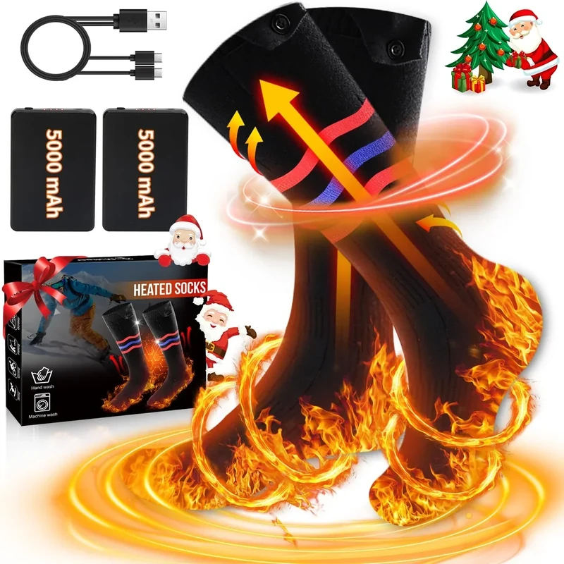 Multper Beheizbare Socken Damen Herren, 5V 5000mAh Wiederaufladbare Heizsocken, 3 Heizstufen Beheizte Socken, Bis zu 65℃ Fußwärmer Warme Socken für Outdoor Skifahren Radfahren Winter Camping Wandern