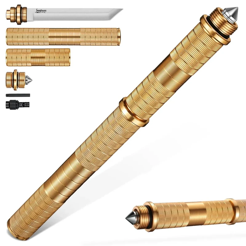 Japaknives 5 in 1 Survival Messer Outdoor Feststehende Klinge Tanto Multifunktionsstock mit Pfeife Glasbrecher D2 Stahl Jagdmesser Abnehmbares Bushcraft Messer für Männer Goldenes
