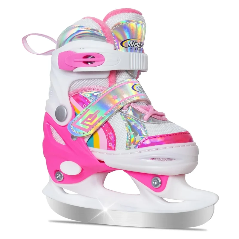 Nattork Mädchen-Eislaufschuhe für Kinder, 4-Fach verstellbar, Butterfly-Eislaufschuhe mit Fleecefutter für draußen und die Eisbahn (Regenbogen-Rosa, S (27-31 EU))