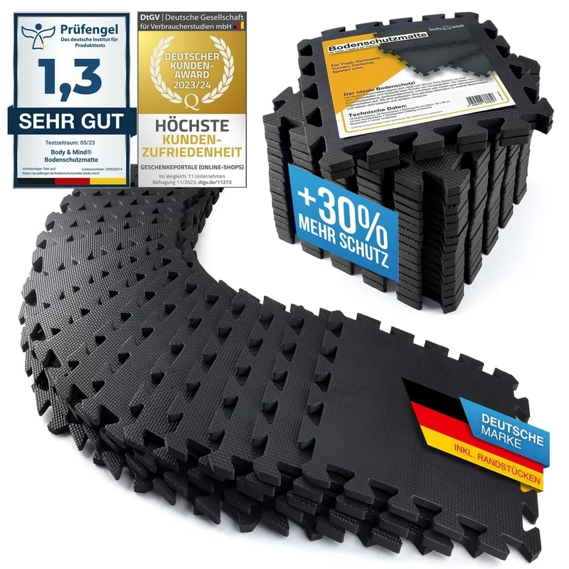 Boden-Schutzmatten XXL Set; Fitnessmatte Bodenschutz Puzzle-Matte; Unterlegmatte für Fitnessgeräte + GRATIS Anti-Rutschmatte; Trainingsmatte & Sport-Matte für Fitnessraum Keller Garage ca. 2m² Schwarz