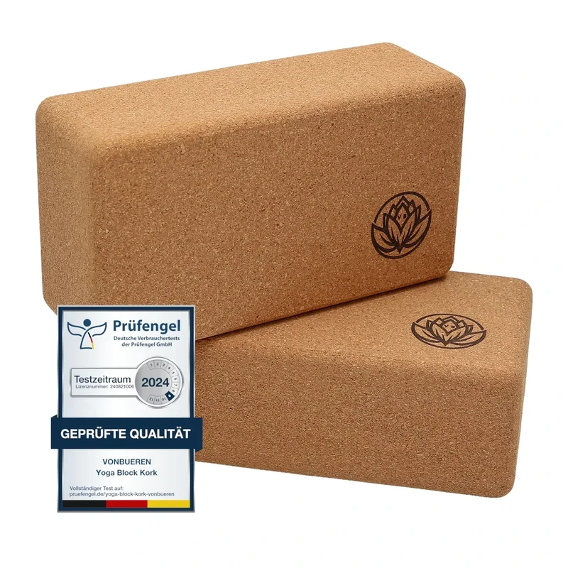 2 x Yoga Block VonBueren | Yogablöcke aus Kork | 22 x 12 x 7,5 cm je Yogablock | Yogazubehör für Damen und Herren | Hatha Klotz | Yogaklötze