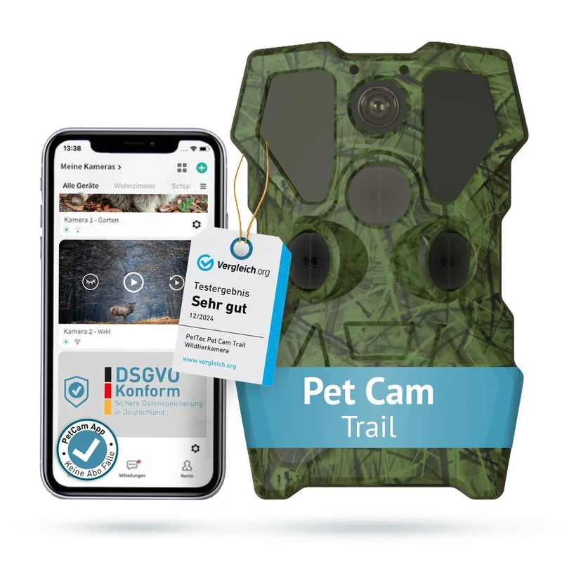 PetTec - PetCam Trail Wildtierkamera [OHNE ABO-Falle] mit Nachtsicht 20m & Bewegungsmelder - 64MP Außenkamera 120° Weitwinkel mit Wi-Fi Direct & ca. 150m Reichweite - IP66 inkl Montagezubehör & Gurt