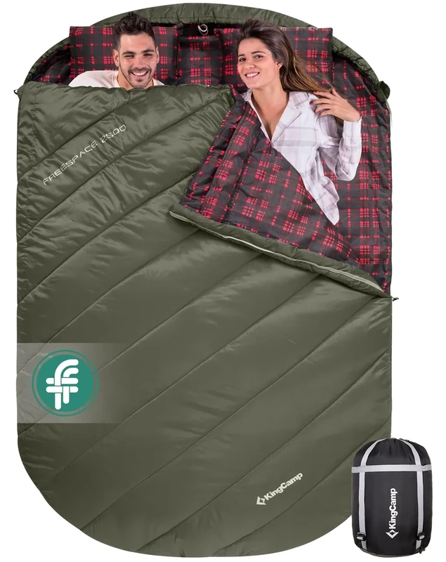 KingCamp Doppelschlafsack Flanell mit Kissen, Schlafsack 2 Personen, Schlafsack 3-4 Jahreszeiten, wasserfest, warm und komfortabel, verpackbar Schlafsack Outdoor,Olive