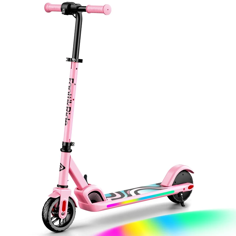 FanttikRide C9 Pro Elektroroller für Kinder 8-12 Jahren, Bunte Regenbogenlichter, 8/12/16 km/h, 8KM Reichweite, LED-Anzeige, Höhenverstellbar, Faltbar, für Jungen und Mädchen Rosa