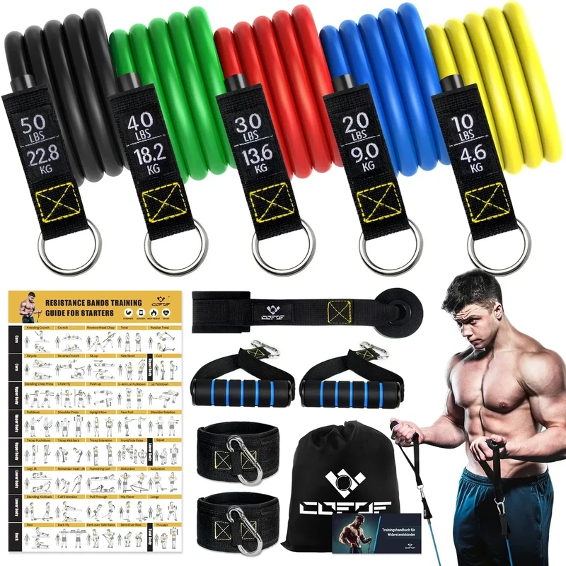 Resistance Bands Widerstandsbänder Set, 5 Fitnessbänder Expander Tube Bands, Fitnessband mit Großem Griff Knöchelriemen Türankerbefestigung Tragtasche, Ideal für Pilates Krafttraining