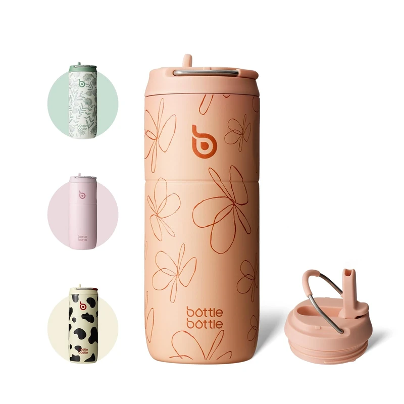 bottlebottle Edelstahl Trinkflasche mit Strohhalm 500ml, auslaufsichere Sportwasserflasche, ideal für Schule, Büro, Wandern und Ausflüge, BPA-frei (Gelbe Blumen)