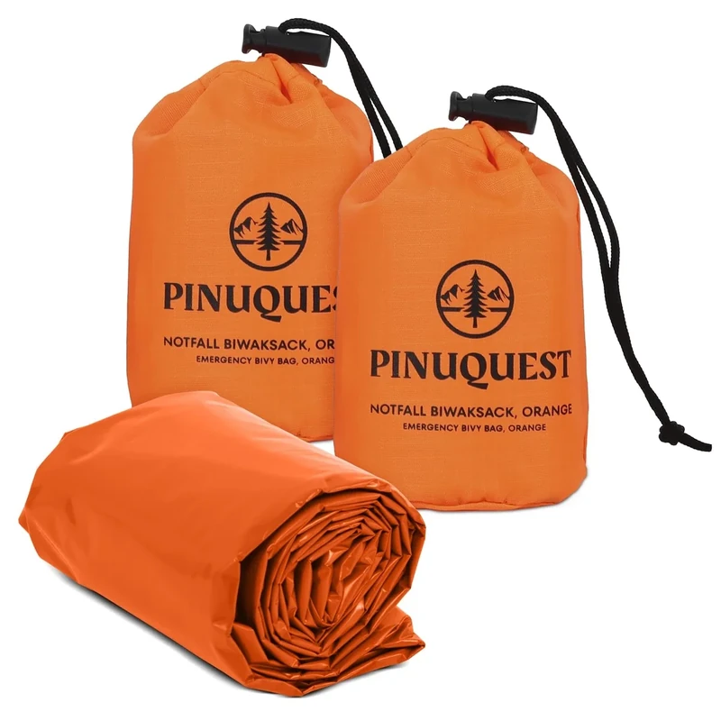PINUQUEST Notfall Biwaksack 2er-Set grün/orange (213 × 91 cm) - Notbiwak ist Ultraleicht, wasserdicht sowie Wind-, hitze- und kälteabweisend - Notfallschlafsack ideal für Outdoor, Survival (Orange)