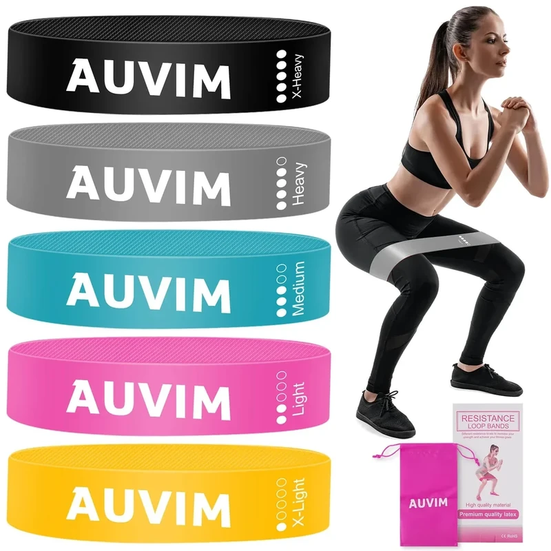 AUVIM Fitnessbänder [5er Set] Widerstandsbänder Set für Frauen & Männer, 100% Latex Fitnessband Resistance mit 5 Stufen der Bänder für Fitness zu Hause, Dehnen, Krafttraining, Physiotherapeutie, Yoga