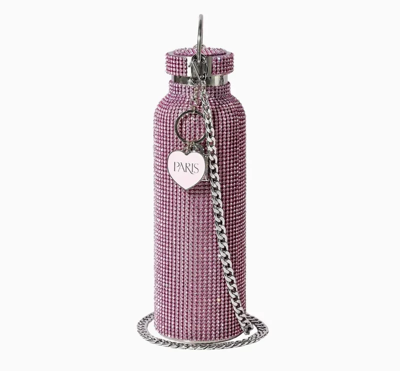 Paris Hilton – pinke Glitzer-Trinkflasche, 750ml mit Edelstahlkörper und Strasssteinen – Wasserflasche mit Metallanhänger und abnehmbarer Tragekette, Pink