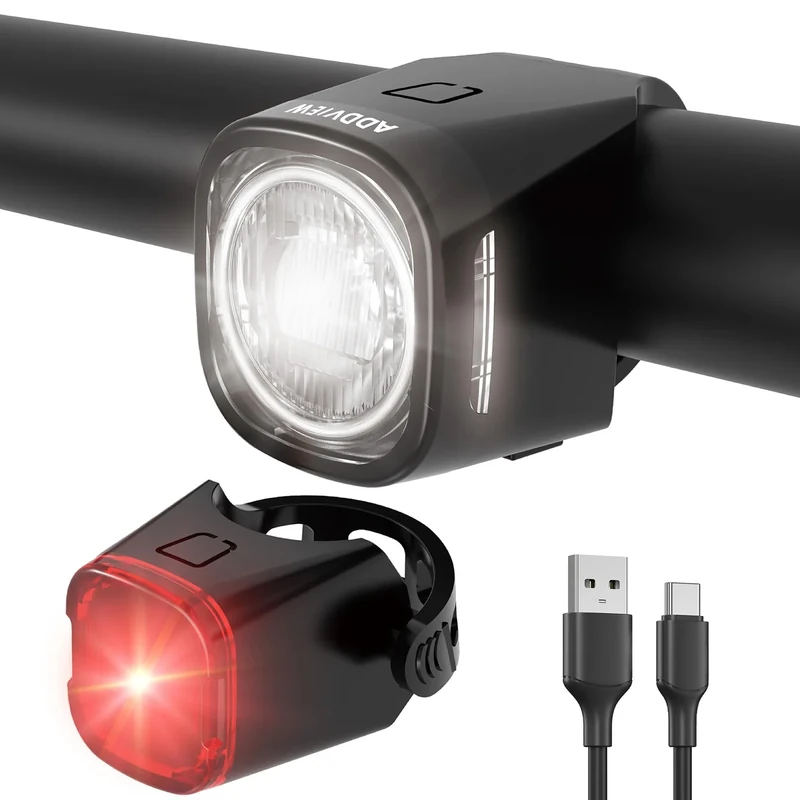 ADDVIEW Fahrradleuchten-Set, StVZO-zugelassen Beleuchtungsset Led IP65 wasserdicht - Frontlicht + Rücklicht Fahrradlicht Set USB Typ C - werkzeugfreie Montage - Twins