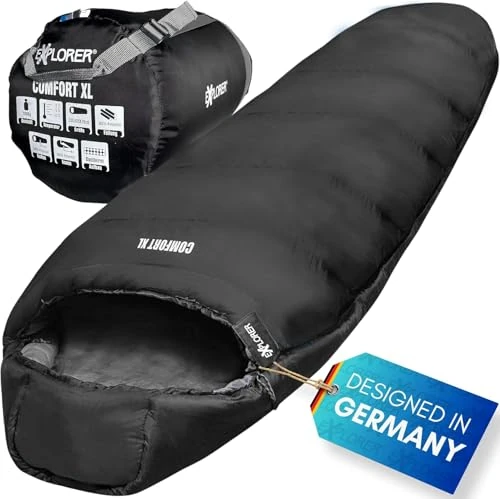 EXPLORER® Comfort XL Schlafsack -23°C -5°C [350GSM] 3-4 Jahreszeiten Winter Mumienschlafsack Schwarz für Erwachsene[2000g] 230x85x70cm kombinierbar, ideal für Outdoor, Camping, Trekking und Reisen