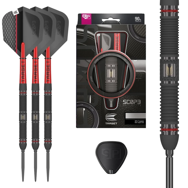 Target Darts Scope Swiss Point Steeldarts, 90% Tungsten Dart-Set, Barrel 01-22G | Steeldarts Set, Darts in Rot & Schwarz, Profi Dart-Set mit Swiss Points & Tool