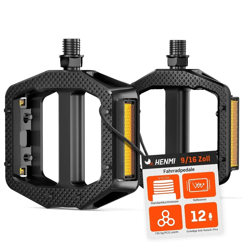 HENMI Fahrradpedale mit Reflektoren StVZO, MTB rutschfest Fahrrad Pedale 9/16 Zoll mit Abgedichtete Lager, Stabil Flat Pedale Set für Ebike Gravel Bike Trekking Rennrad Mountainbike Kinderfahrrad
