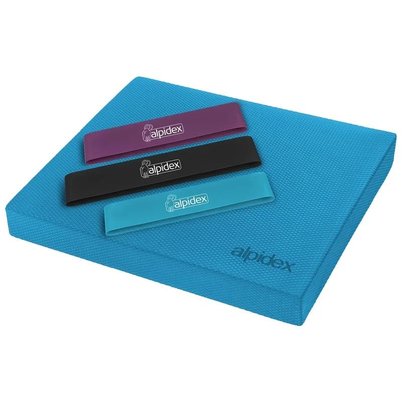 ALPIDEX Balance Pad 48x40x6 cm Balancekissen Blau inkl. 3 Fitnessbänder Stabilität Koordination Verbessertes Gleichgewicht Kissen Rutschfest Wackelkissen Balancegerät Gleichgewichtstrainer