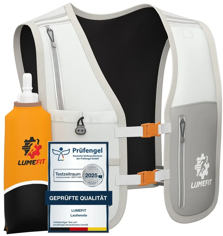 LUMEFIT Laufweste für Damen & Herren inkl. 500ml Trinkflasche - Trinkrucksack zum Laufen und Joggen Atmungsaktiv & Reflektierend - Laufrucksack Weste | Trinkweste Rucksack | Running Vest