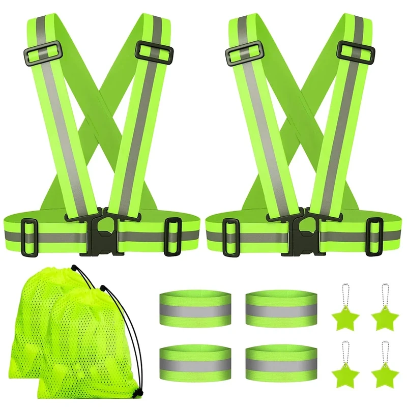 YANSYUN Reflektorweste Warnweste Set, 2er Reflektierende Weste & 4 Reflektorbänder & 4 Reflektor Anhänger für Kinder Erwachsene Fahrrad Laufen Outdoor Sports