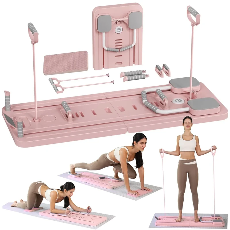 ExeractFit Pilates Board - 2026 Upgraded Plegable Pilates Reformer Machine Set per Hogar Pilates Equipment Multifuncional Rodillo Abdominales Rebote Automático Home Workout(Rosa)