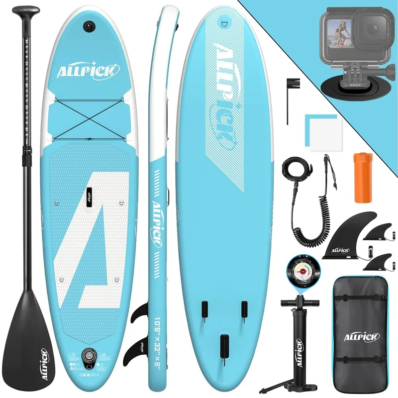 ALLPICK Premium SUP Board Set, Stand Up Paddling Board Aufblasbar, Mit Universal Kamerahalterung, Komplettes Zubehör, Verstellbares Paddel, Anfänger, Fortgeschrittene, 200kg (Himmel - Blau)