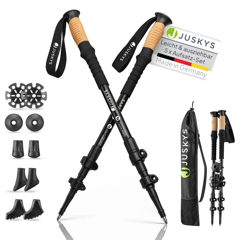 Juskys Nordic Walking Stöcke - 2 Alu Teleskop Wanderstöcke, leicht & ausziehbar, Damen & Herren, mit Gummipuffer & Tasche, Kork Griff - Schwarz