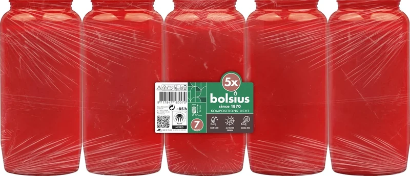 Bolsius Grablicht - Kompositionslicht - Rot - 5 Stk. - Länge Brenndauer 85 Stunden - Trauerkerze & Gedenkstätte Kerzen - Sauberes Abbrennen - Ohne Palmöl