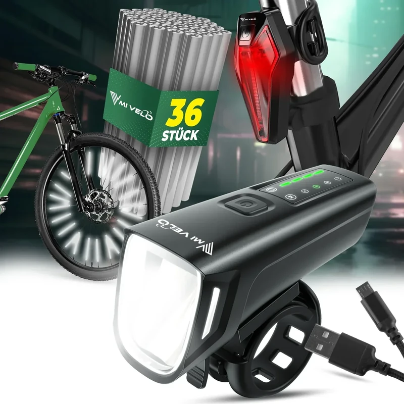 MIVELO SMART Fahrradlicht Set 100LUX, 2000mAh Power-Akku, Auto-Sensor, StVZO zugelassen, USB aufladbar & wasserdicht, Fahrradlampe vorne & Fahrrad Rücklicht, LED Fahrradbeleuchtung, Energieklasse A+++