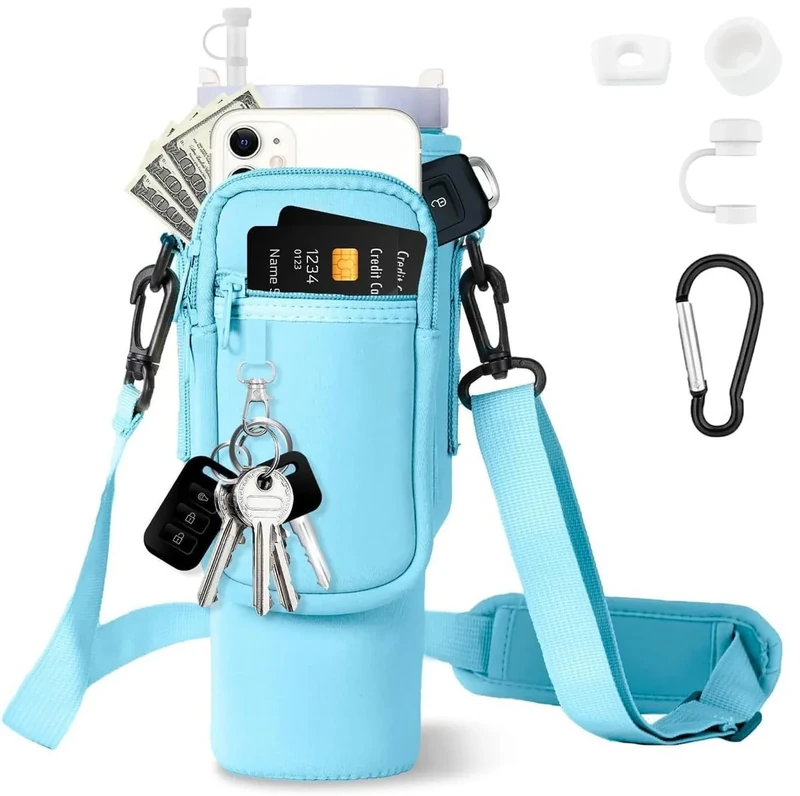 AIROLDI Tasche für Stanley Cup 1.2L / 40oz Stanley Cup Zubehör, Wasserflasche Tragetasche mit Handyfach, Karabiner und Verstellbarem Schultergurt, für Reisen Zum Wandern Laufen Radfahren (Blau)