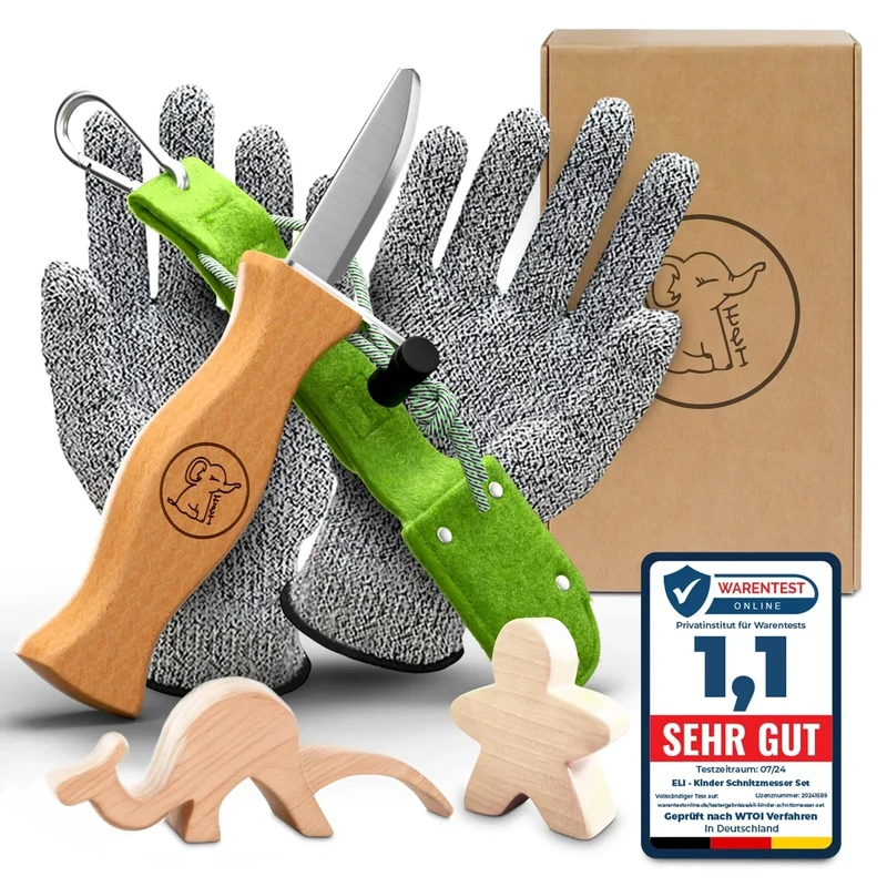 Eli® Schnitzmesser Kinder mit Filztasche ab 6 Jahre - hochwertiges Kindermesser Schnitzset inkl. schnittfeste Handschuhe - Kinderschnitzmesser - Schnitzwerkzeug - Outdoor Messer - grün