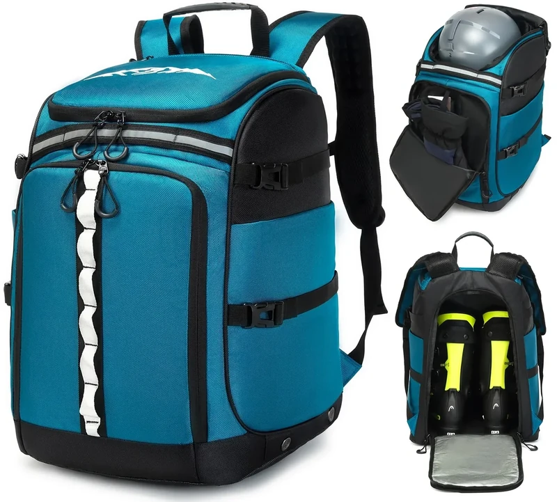 FRETHIND Skischuhrucksack 65L mit Helmfach & Skischuhtasche | Hochwertiges Nylon | Skirucksack für Skistiefel, Schlittschuhe, Inline-Skates | Winter Sport Reisetasche Blau