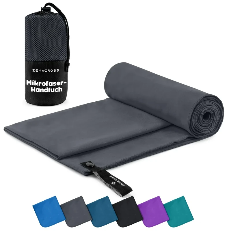 ZENACROSS Mikrofaser Handtuch mit Transportbeutel - Schnelltrocknendes und vielseitiges Fitness Handtuch - Sporthandtuch Größen XL - 180 x 90 cm - Dunkelgrau