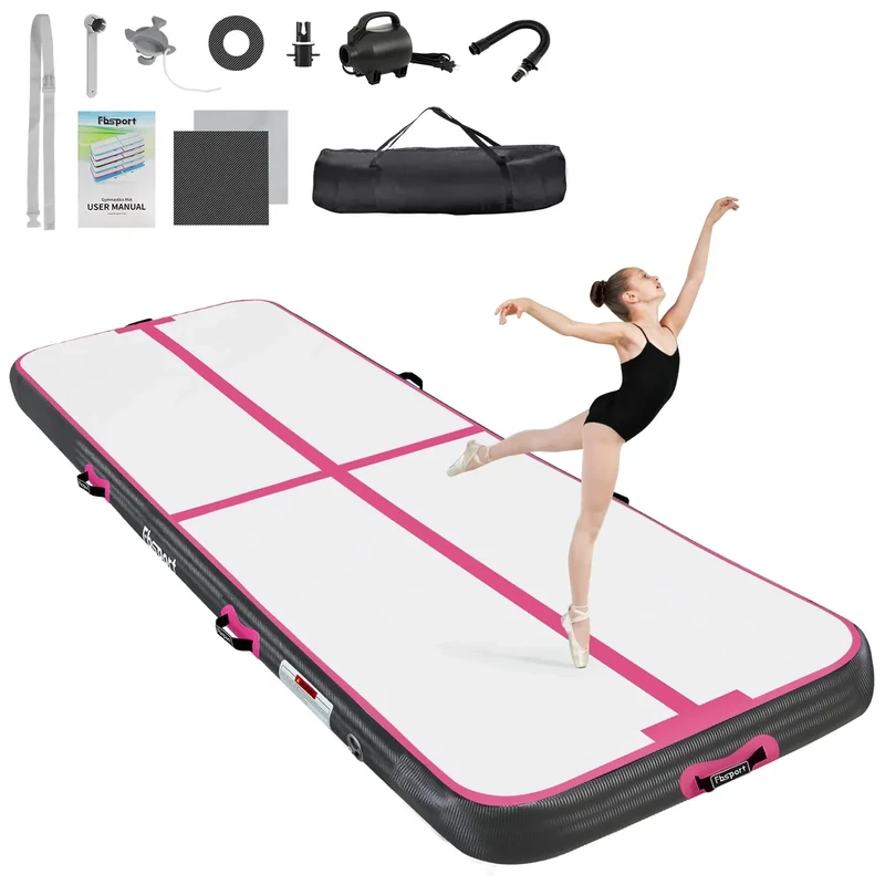 FBSPORT Airtrack Matte 4m Trainingsmatte, 20cm Dicke Tumbling Matten mit Luftpumpe und Tragetasche, Gymnastikmatte für Zuhause/Yoga/Outdoor/Tumbling/Gym/Training/Cheerleading/Wasser