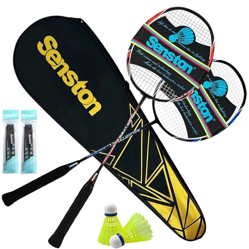 Senston Badminton-Set Graphitschaft Badmintonschläger 2 Pack Badmintonschläger mit 2 Federbällen (Rot/Blau)