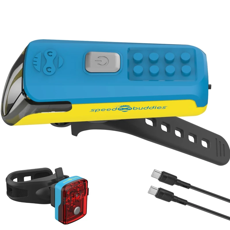 SPEED BUDDIES Kinder Fahrradlicht Set – StVZO LED Front- & Rücklicht, USB-C, für Kinderfahrrad, bunt & kindgerecht (blau/gelb+blau)