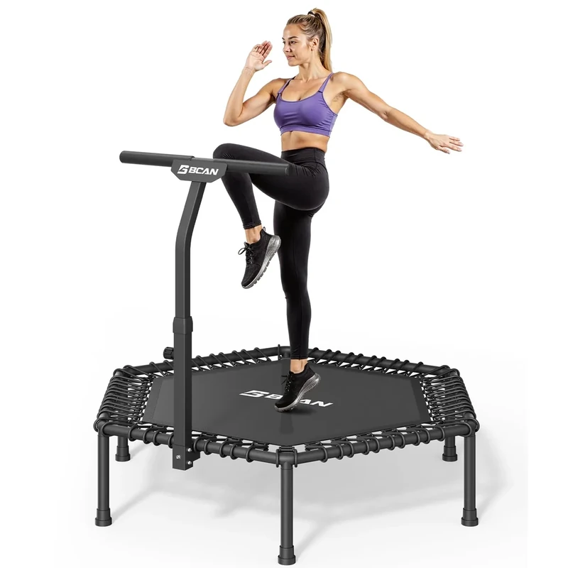 BCAN Trampolin Indoor Klappbar, Ø 129 cm Leise Fitness Trampolin für Erwachsene mit Haltegriff, Vorinstalliert Minitrampolin, 204 kg Belastbarkeit